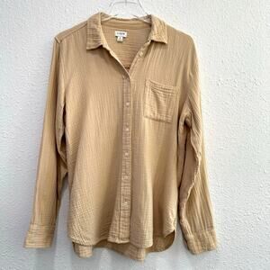 J. Crew Factory Gauze Button Up Shirt Women Medium Tan Long Sleeve Cotton Basic